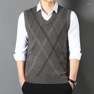Coletes masculinos moda suéter colete masculino sem mangas com decote em v ajuste fino tricô padrões primavera casual clássico malha