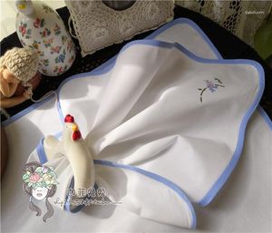 Table Napkin Blue Edging Hand-embroidered White Square Cloth Cover Fold Flower Mouth