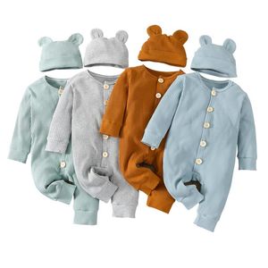 Jumpsuits Baby Boy Romper Długie rękawie ubrania Dziewczyna Dziewczyna Rompers Solidny kolor Toddler Hat Hat Niemowlęta Zestawy odzieży