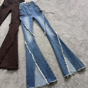 Women's Jeans Flared Woman High Waist Wide Leg Pants Stretch Denim Fashion Brown Lace Up Alt Harajuku Straight Trousers Streetwear USA