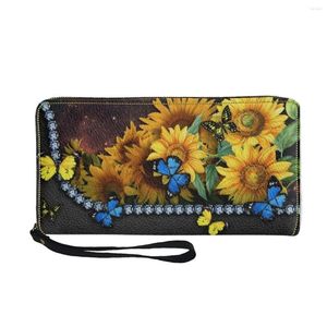 Carteiras Nopersonality Beleza Girassol Com Borboleta Bolsa Feminina Multifuncional Com Zíper Longo Presente de Aniversário para Meninas Bolsas Clutch