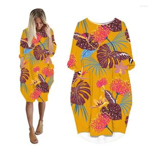 Casual klänningar för kvinnor ficka långärmad kvinna kläd mode plus storlek damer kläder midi kvinnliga klänning tropiska växter rd