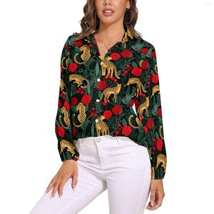 Kvinnors blusar Floral Leopard Loose Blus Red Roses tryck avslappnade överdimensionerade kvinnor långärmad trendig skjorta Autumn Custom Top