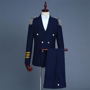 navio masculino azul marinho uniforme capitão branco smoking jaqueta com calças performance de palco terno de estúdio tamanho ásia 234P