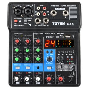 Mixer 4 canais placa de som profissional misturador de áudio pc usb reprodução gravação mini mixagem dj console para podcast karaoke teyun na4