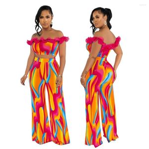 Women's Pants Two Piece Set Sexy Off Shoulder Ruffles Women Slash Neck Crop Top And Flare Bottom Streetwear Party Matching Outfits