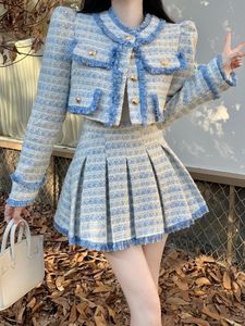 Two Piece Dress High Quality Tassel Small Fragrance Tweed 2 Set Women Short Jacket Coat Skirt Sets Korean Fashion Sweet Suits 230630