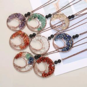 Natural Volcanic Stones Beads Necklaces Bronze Wire Wrap Tree of Life Pendant Necklace 7 Chakra Healing Handmade Quartz Crystal Wedding