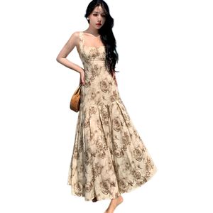 Женское богемное платье с цветочным принтом на тонких бретельках и квадратным воротником, облегающее длинное платье макси с вырезом русалки, SML
