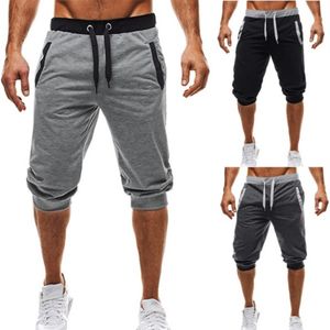 Men's Cropped Pants Solid Calf Length Pant Cotton Summer Men's Capri Pants Elastic Wasit Casual Male Cropped Trousers YZ2714