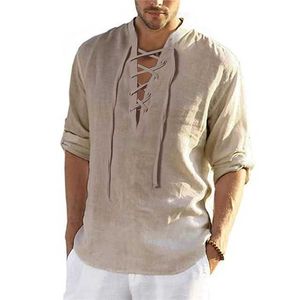 Camisa masculina de verão Camisa de praia Cáqui Manga comprida Simples Decote em V Primavera Verão Roupas diárias ao ar livre Vestuário com cadarço