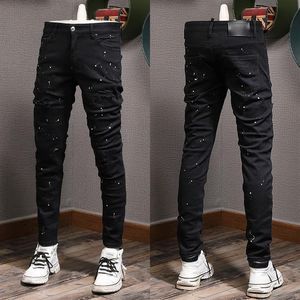 Painted Damage Jeans Man Distressed Patches Skinny Fit Black Vintage Biker Fit Denim261w