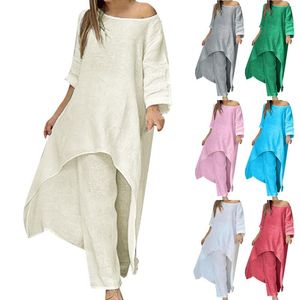 Casual Dresses Women Cotton Linen Tracksuit Two Piece Sets Spring Loose Blouse Irregular Long Shirts Wide Leg Pants Suit Elegant Outfits
