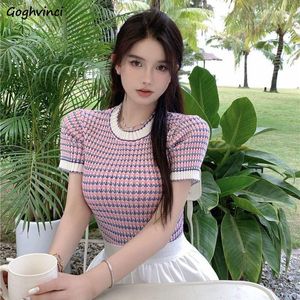 Kvinnors T-skjortor Plaid T-shirts Kvinnor Sticked Gentle Slim Tops Fashion Summer Korean Style Chic Sweet Casual Aesthetic Streetwear Tender