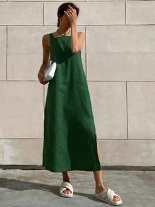 Casual Dresses Green Cotton Linen Long Tank Women Summer Sexy Sleeveless Straight Split Dress Lady All-Match Vacation Style