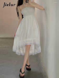 Vestidos Casuais Branco Sem Alças Estilo Halter Vestido Feminino Moda Francesa Sexy Senhora Verão Doce Renda Férias Irregulares