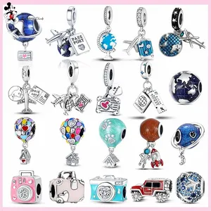 För Pandora Charm 925 Silver Beads Charms Travel Airplane Passport Balloon Suitcase Camera Charm Set