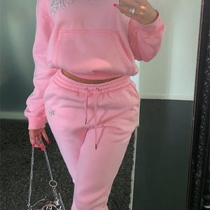 Kvinnors träningsdräkter höga midja Tvåverk set Winter Velvet Hoodies Autumn Jogging Sport Loose Thick Sweatpants Y2K Tracksuit Femme 230629