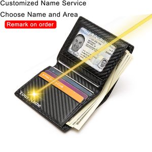 Nome personalizado carteira masculina de couro clipes de dinheiro bolsa anti-roubo rfid bloqueio titular do cartão de crédito bolsa inteligente masculina com janela de identificação