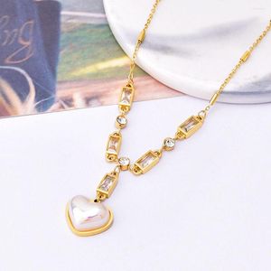 ペンダントネックレス（5pcs/lot）支出mermaid concubine heart necklace inlay zircon love shaped pearl titanium Steel Persualeryエレガント