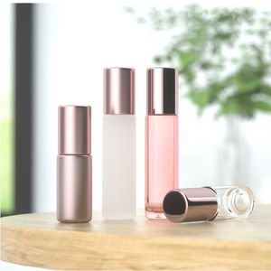 Rose Gold Glass Roll på flaskor 10 ml Frosted Rolling Ball-Bottle Portable Mini Makeup Roll-On Beads Bottle Cosmetics tomma flaskor till sjöss T9I002356