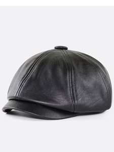 British Man Leather Octagonal Hat Middle-aged and Elderly Winter Outdoor Warm PU Newsboy Cap Men's Painter Beret