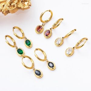 Dangle Earrings Oval Shape Inlaid Zircon Pendant Women Huggie Hoop Gold Color PVDステンレススチールネイチャーストーン