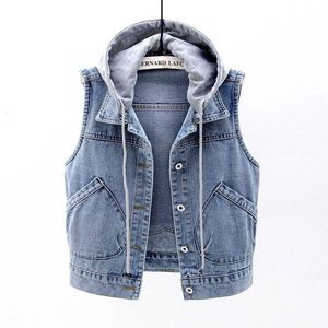 Waistcoat Spring Autumn Student Big Girl Kid Women Denim Vest Coat Sleeveless Hoodies Short Jacket Jeans Casual Female Tops 230630