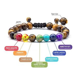 Perline 7 Chakra Bracciali in pietra naturale Fili di cristallo viola Occhi di tigre Perline Seven Pse Round Yoga Energy Drop Delivery Jewelry Otrvc