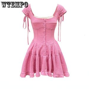 Basic Casual Dresses WTEMPO Pink Short sleeved Dress Spring and Summer Solid Thin Breathable Square Neck White Frock 2023 Fashion A line Mini 230629