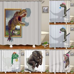 Shower Curtains Funny Dinosaur Shower Curtain Bathroom Dino Cool for Kids Boys Silhouette Animal Shadow Cartoon White Fabric Bath Home Decor 230629