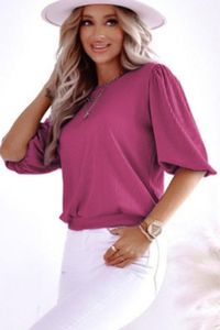 通気性のある紫色の泡リブ付きニットハーフスリーブ女性のトップシャツAST258120558