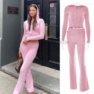 Pantaloni a due pezzi da donna Set con cappuccio lavorato a maglia Moda Sexy a vita alta A maniche lunghe Micro ritagliata 2 pezzi Abiti da pendolarismo casual da strada attillati