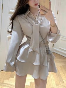 Casual Dresses Deeptown Koreanischer Stil Einteiliges Beige Hemdkleid Frauen Büro Damen Chic Rüschen Layered Langarm Tunika Mini Sommer