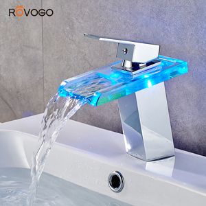 Bathroom Sink Faucets ROVOGO LED Bathroom Faucet Waterfall Brass Basin Faucet Cold Mixer Tap Deck Mounted Sink Mixer Crane 230629