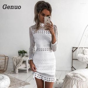 Повседневные платья Genuo Vintage Hollow Out Lace Dress Women Elegant Long Sleeve White Summer Chic Party Sexy Vestidos Robe