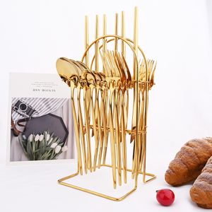 24Pcs Gold Dinnerware Set Kitchen Home Knife Fork Coffee Spoon Flatware Stainless Steel Tableware With High-End Cutlery Rack Set 230629
