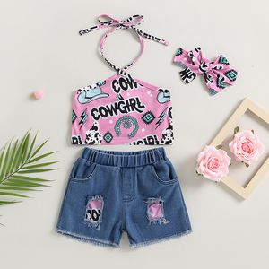 Kleidungssets 0 4Y Baby Mädchen Sommerkleidung Set Kinder Geometrischer Druck Ärmellose Neckholder Tops Zerrissene Denim Shorts Stirnband Kleinkind Outfits 230630