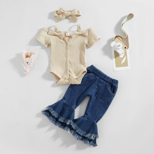 Kläder set ma baby 0 24m småbarn spädbarn född baby flickor kläder stickade bow romper jeans denim flare byxor sommarkläder d10 230630