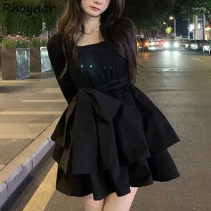 Vestidos Casuais Mini Preto Feminino Bandagem Francês Vintage Gola Quadrada Doce Magro Sexy Cintura Alta Estética Simplesmente Vestidos Elegantes