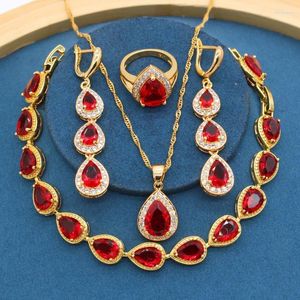 Halsbandörhängen Set Water Drop Red Semi-Erecious Gold Plated for Women Long Ring Armband Present Box Stre22