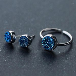 Cluster Rings 925 Sterling Silver Jewelry Blue Zircon Ring Charm Minimalist Earrings Women Fashion Set
