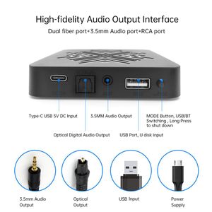 Konektörler Bluetooth 5.0 Ses Alıcı Destek U Disk Kayıpsız Oynatma 3.5mm RCA Ses Çıkışı PC TV Araç Hoparlörü için Optik Fiber Çıkışı