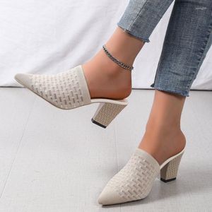 Dress Shoes Fabric Air Mesh Mules 7cm Fretwork Heels Pointed Toe Slippers Women Stretch Flip Flop Slip On Slides Plus Size 43