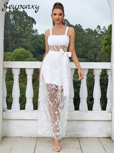 Vestidos casuais de alta qualidade branco sexy sem mangas com laço maxi vestido 2023 verão feminino elegante celebridade festa clube vestidos