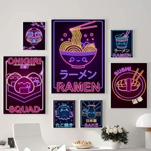 Pintura em tela Alimentos Japoneses Posters Sushi Wave Neon Cartoon Wall Art Print Pictures Cozinha Moderna Decoração para Casa Gamer Decoração de Quarto w06