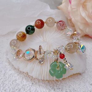 Charm Bracelets Fairy Style Jade & Crystal Bracelet With Floral Bead Decorative Good Luck Jewelry Gift For Mom Grandma IK-5-59H