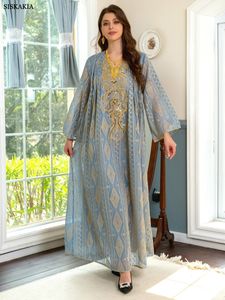 Etniska kläder Gorgeous Party Evening Dresses for Women Dubai Muslim Vintage Sequin Gold Thread Thread Embroider Abaya Marockan Kaftan Siskakia 230629