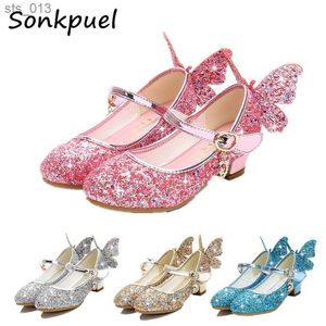 Prinzessin Schmetterling Lederschuhe Kinder Diamant Schleife High Heel Kinder Mädchen Tanz Glitzer Schuhe Mode Mädchen Party Tanzschuh L230518