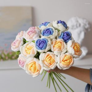 Dekoratif Çiçekler 5 Şube Güller Yapay Örgü Pembe Kırmızı Düğün Buket DIY Bitmiş Ev El Deor